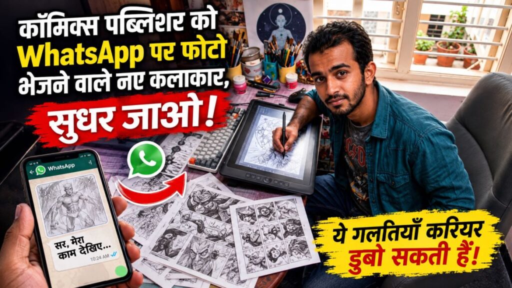 कॉमिक्स पब्लिशर को काम के लिए संपर्क करते समय नए कलाकार अक्सर ऐसी गलतियाँ कर बैठते हैं, जो उनकी प्रतिभा से ज्यादा उनकी छवि को नुकसान पहुँचाती हैं। जानिए व्हाट्सऐप पर तस्वीरें भेजने से लेकर चित्र-संग्रह, कॉमिक्स पन्नों, समय-सीमा और पेशेवर व्यवहार तक—पब्लिशर को सही तरीके से कैसे संपर्क करें।
