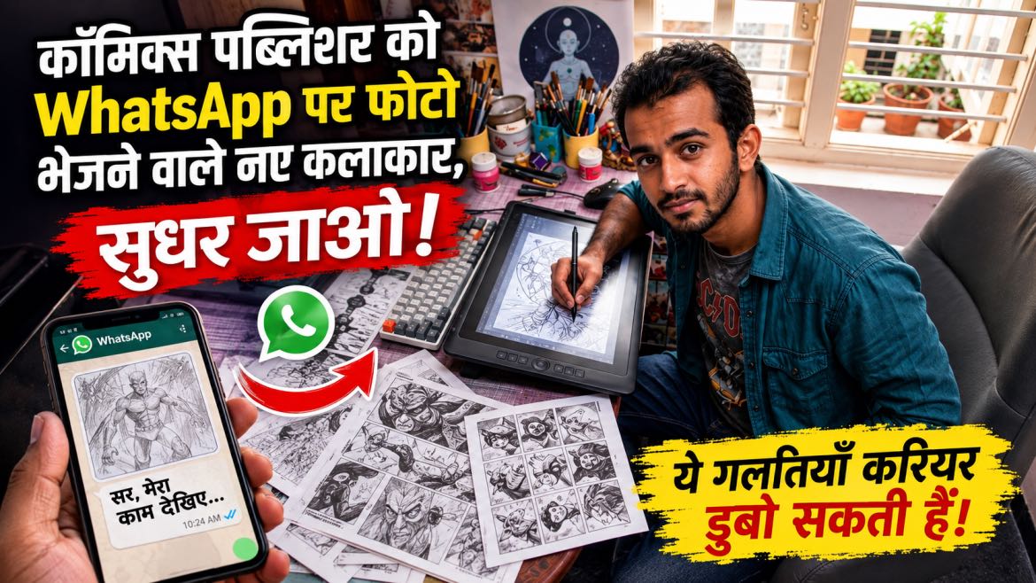 कॉमिक्स पब्लिशर को काम के लिए संपर्क करते समय नए कलाकार अक्सर ऐसी गलतियाँ कर बैठते हैं, जो उनकी प्रतिभा से ज्यादा उनकी छवि को नुकसान पहुँचाती हैं। जानिए व्हाट्सऐप पर तस्वीरें भेजने से लेकर चित्र-संग्रह, कॉमिक्स पन्नों, समय-सीमा और पेशेवर व्यवहार तक—पब्लिशर को सही तरीके से कैसे संपर्क करें।
