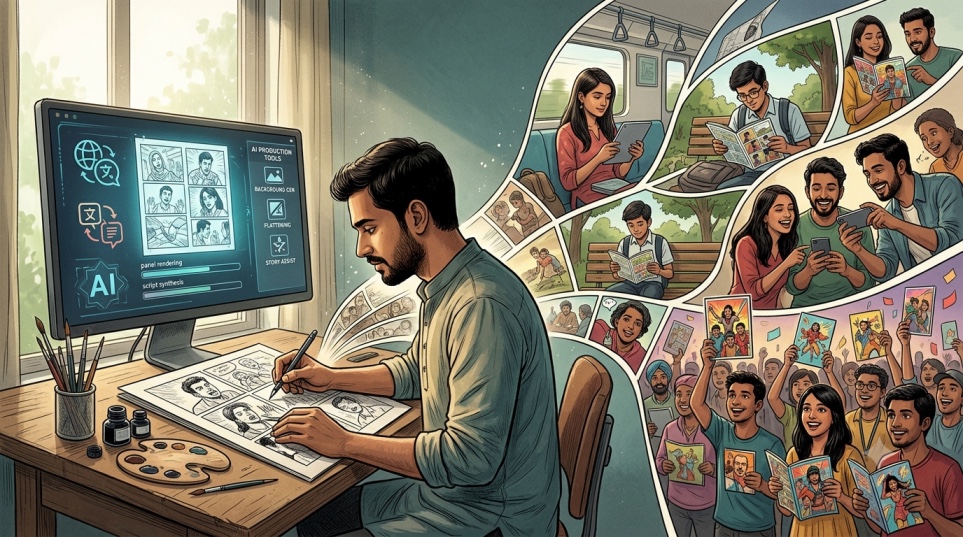 AI के दौर में Indian Comics के लिए सिर्फ ज्यादा content बनाना काफी नहीं होगा। जानिए audience, fandom, characters और IP building क्यों ज्यादा महत्वपूर्ण हो सकते हैं।