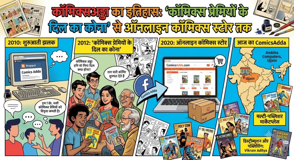 ComicsAdda का इतिहास: भारत के ऑनलाइन कॉमिक्स स्टोर की पूरी कहानी ComicsAdda के इतिहास, शुरुआती कॉमिक्स कम्युनिटी से ऑनलाइन कॉमिक्स स्टोर और भारतीय कॉमिक्स वितरण प्लेटफॉर्म तक के सफर की पूरी कहानी।